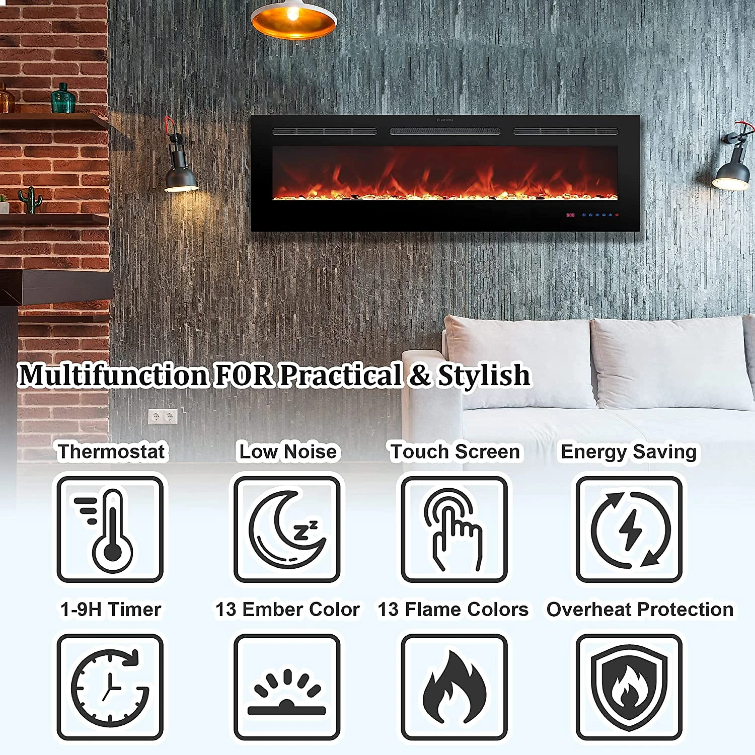 Oxhark Flame Lareira Eletrica de Embutir A45x182L Digital Luz LED Chamas Multicolorida e Temporizador 110V1500W Preta 110v