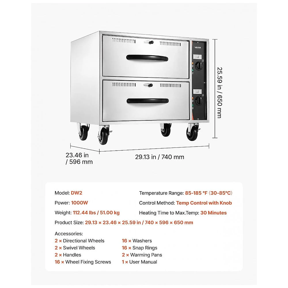 Gaveteiro Térmico Comercial VEVOR DW2 2 Gavetas Inox Temperatura 30–85°C Para Restaurante e Buffet