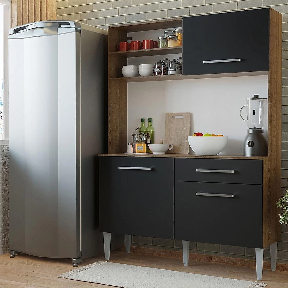 Armário de cozinha compacta 120cm rustic/preto life madesa