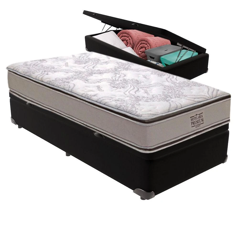 Cama Box com Baú Solteiro Bravus Pillow Top Molas Ensacadas Tecido Sintético Preto Vtech