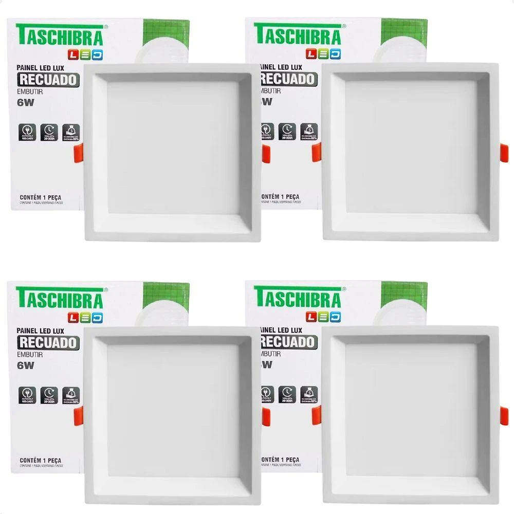 Kit 4 Painel De Led Quadrado Embutir Recuado 6w Bivolt Taschibra 3000k Quente