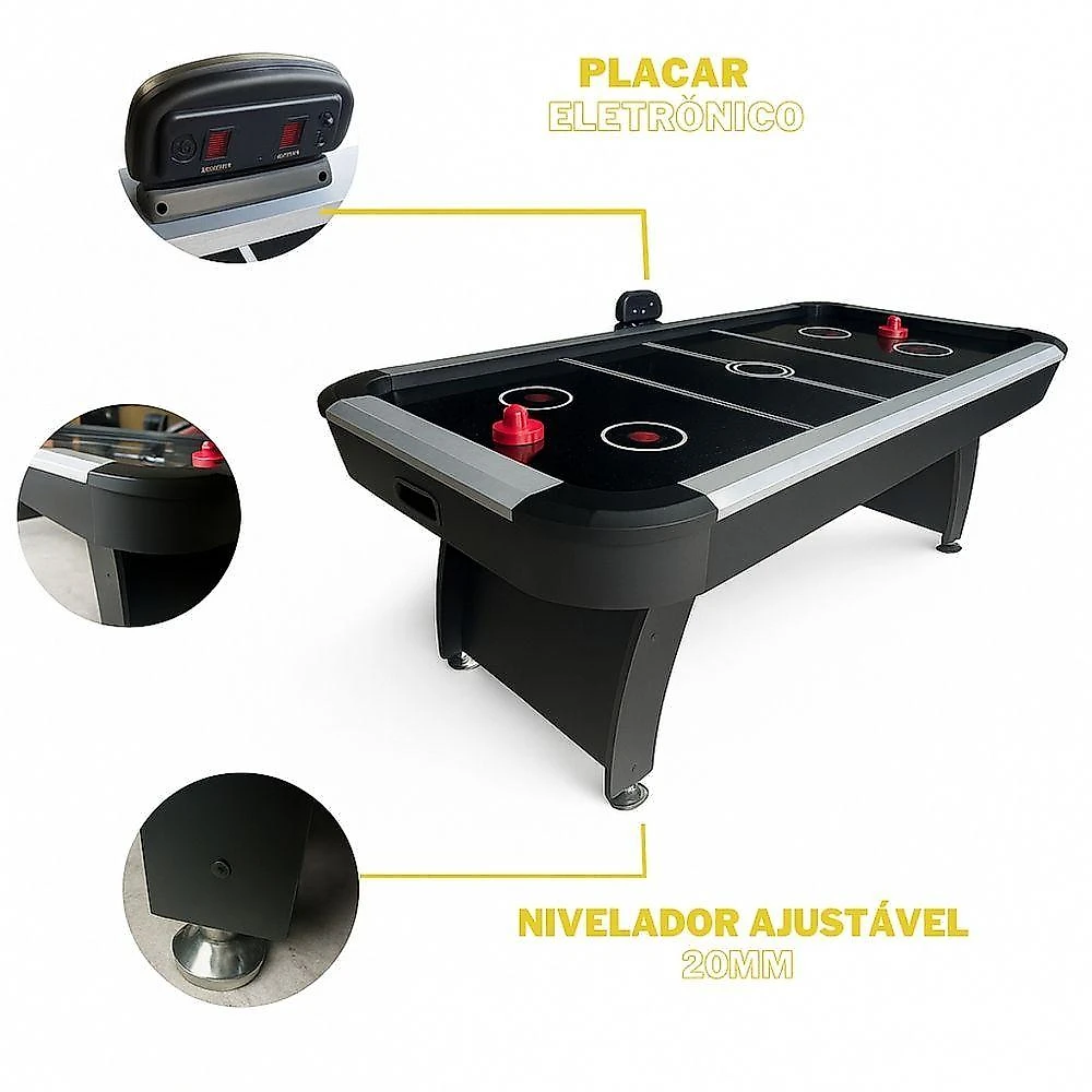 Mesa De Air Hockey Profissional 220v Aero Game Preta Com Pontuação Eletrônica