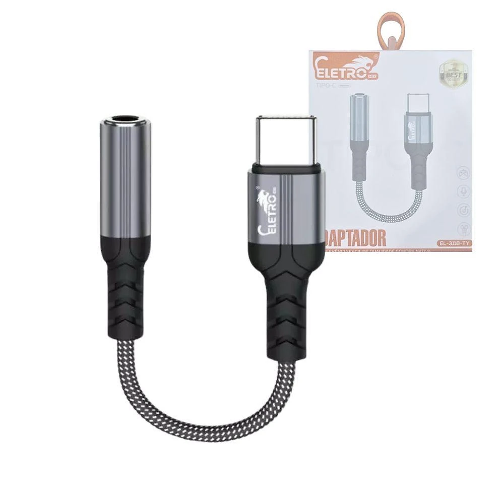 Adaptador Usb Tipo C Eletromex para Fone de Ouvido Fêmea P2 3,5mm Cinza