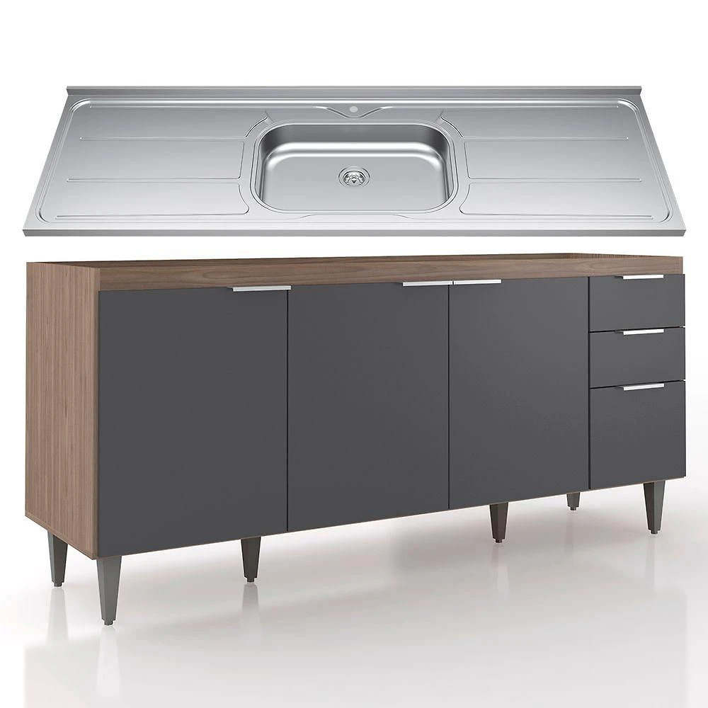 Miniatura Balcão De Cozinha Com Pia Inox 180cm Pérola Z34 Freijó Grafite Mpozenato