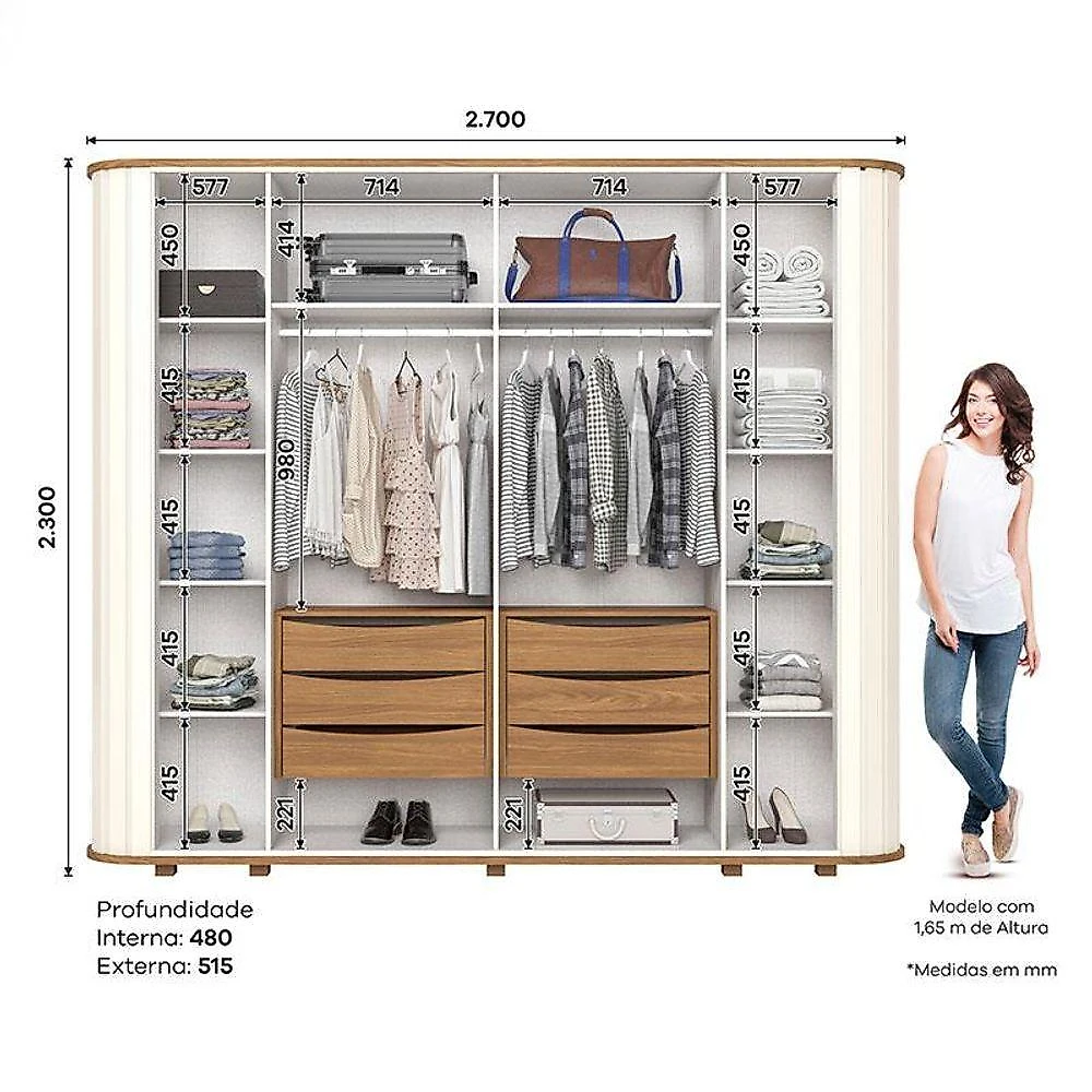 Guarda Roupa Casal Premium 6 Portas Off White Nature - Henn