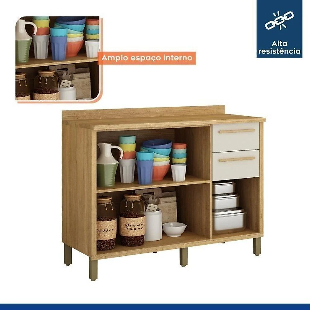 Conjunto de Cozinha Balcão 3 Portas 2 Gavetas e Armário Aéreo 120cm 3 Portas Ripado Torino Cinamomo/Off White