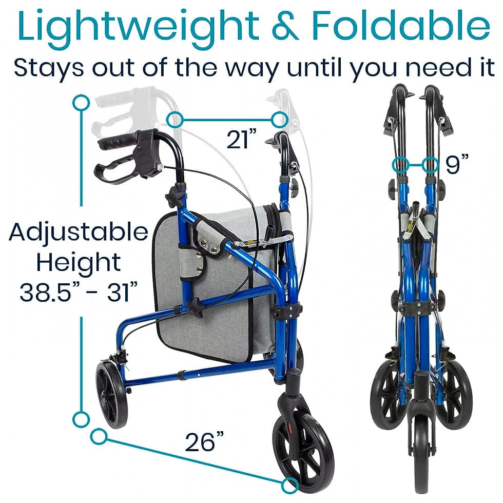 Miniatura Andador Adulto Idoso 3 Rodas Vive Mobility com Bolsa, Suporta até 113 Quilos, Preto