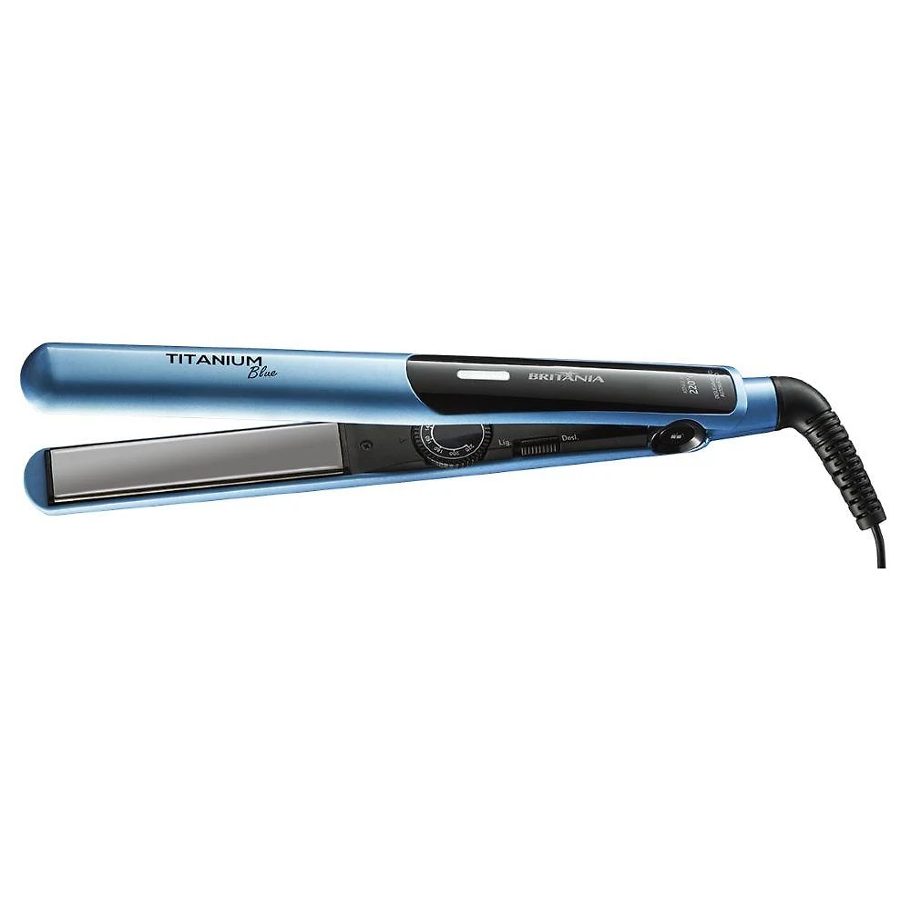 Prancha titanium blue britânia com cordão giratório 360° luz indicadora temperatura ajustável bivolt