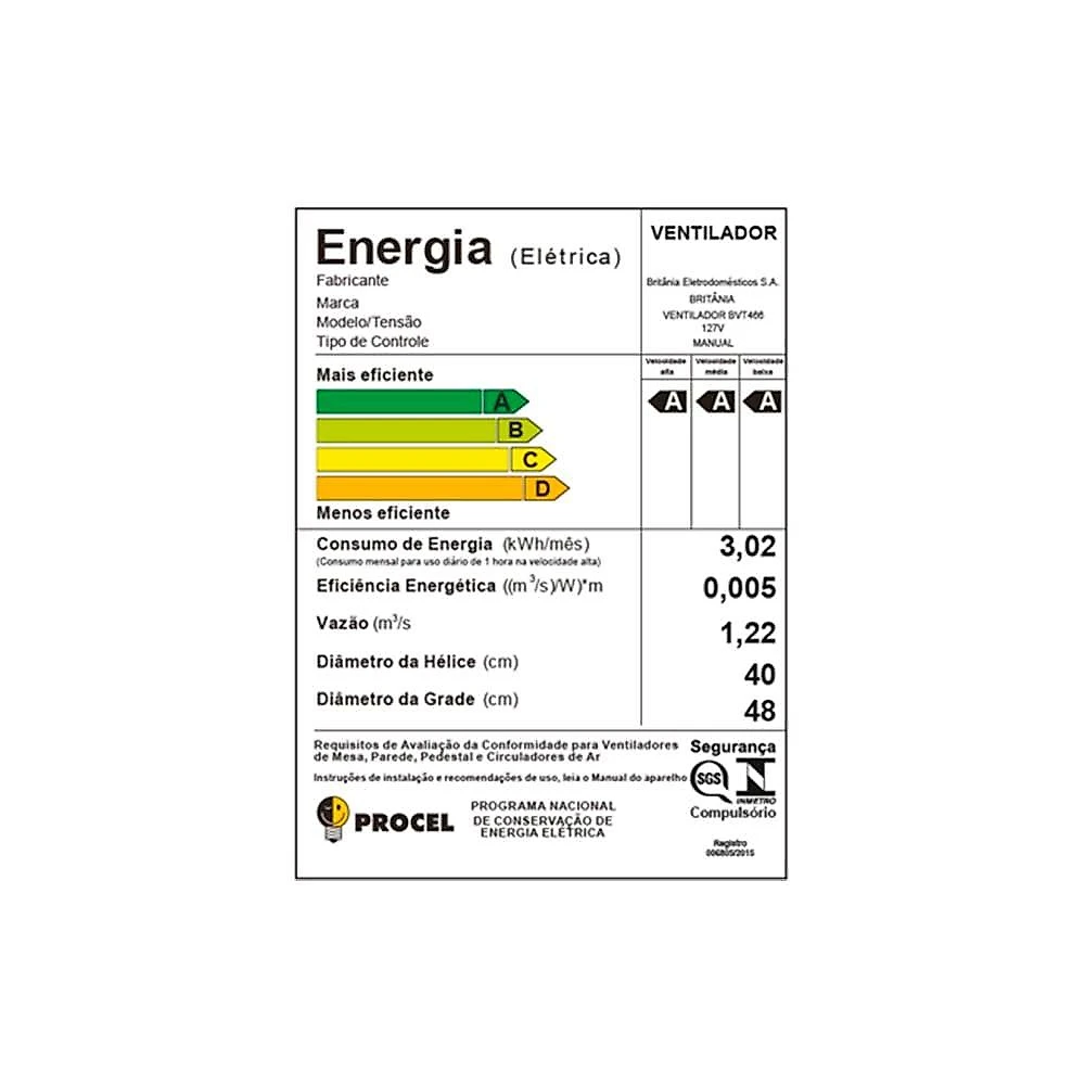 Ventilador de coluna britânia bvt466 maxx force 40cm com 3 velocidades, 6 pás e 160w - preto 110