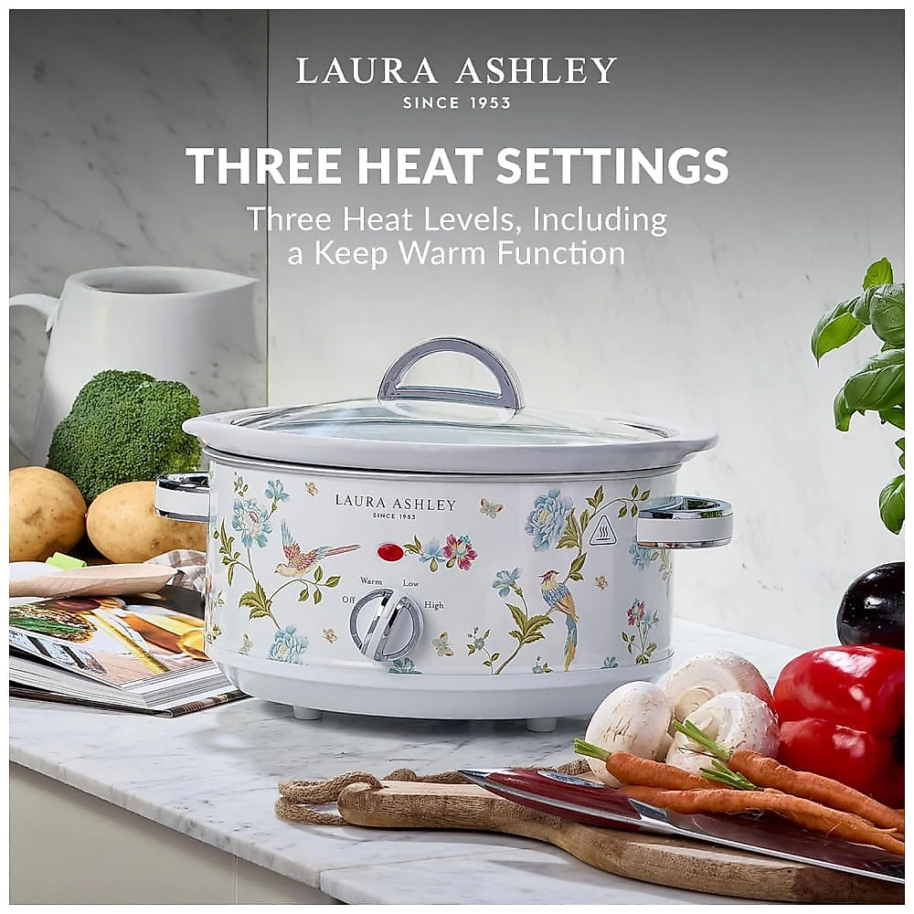 Panela elétrica de cozimento lento Laura Ashley 3,5L Elveden White floral cuba cerâmica tampa de vidro 3 ajustes de temperatura 200W 110V