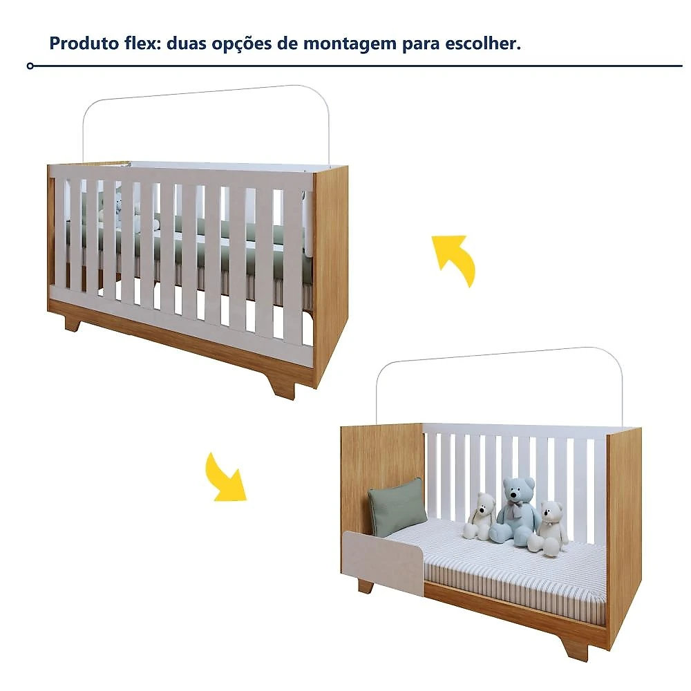 Quarto de Bebê 100% MDF Berço Minicama com Colchão, Cômoda e Guarda Roupa 3 Portas Life Branco/Ypê