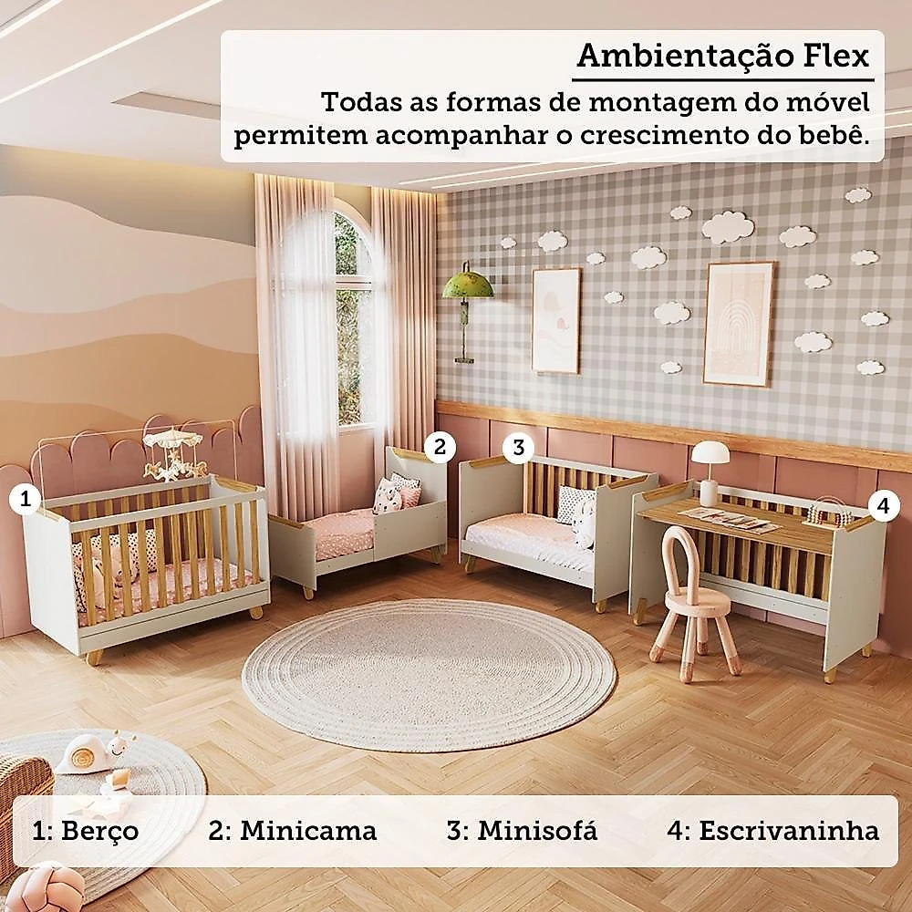 Quarto de Bebê Guarda-Roupa 4 Portas Cômoda e Berço Minicama 4 em 1 Levy 100% MDF Yescasa Amêndoa/Off White