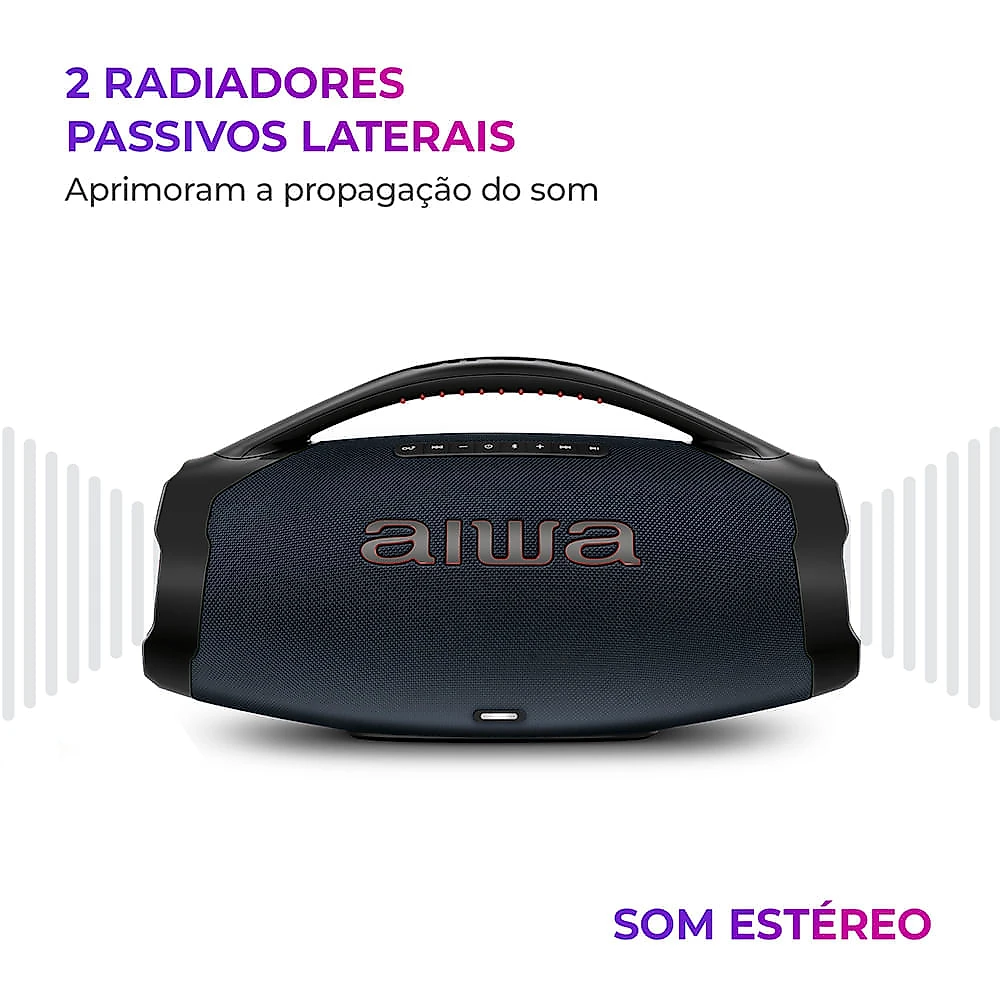 Caixa de Som Boombox Plus AIWA BBS-01-LBL 200W BT 30H IP66 USB RGB BOOMBOX C/ LUZES AWS-BBS-01-LBL BIVOLT