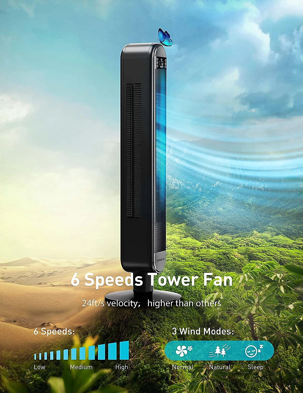 Dreo Ventilador de Torre Inteligente com WiFi controle de Voz por APP 6 Velocidades e Temporizador 110V Preto