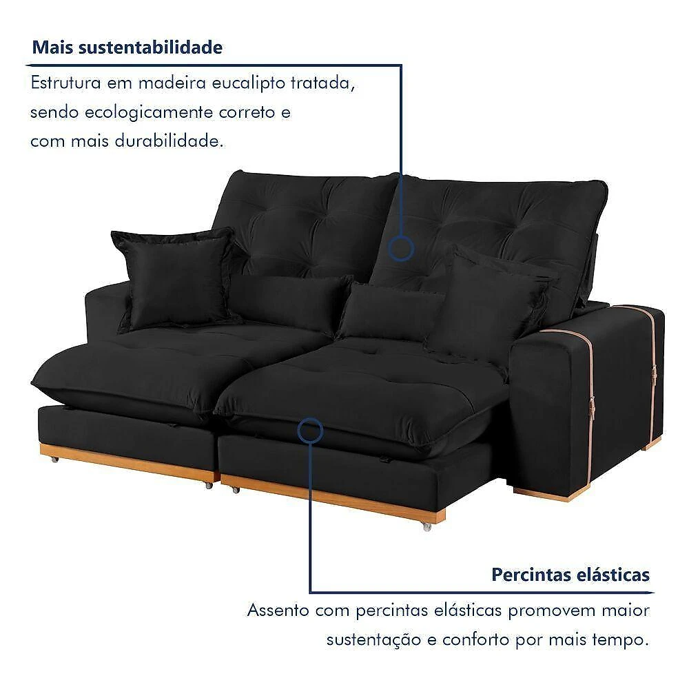 Sofá Milano 5 Lugares Retrátil e Reclinável 290CM Preto Veludo