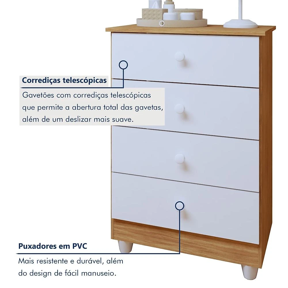 Quarto de Bebê 100% MDF Berço Minicama com Colchão, Cômoda e Guarda Roupa 3 Portas Life Branco/Ypê