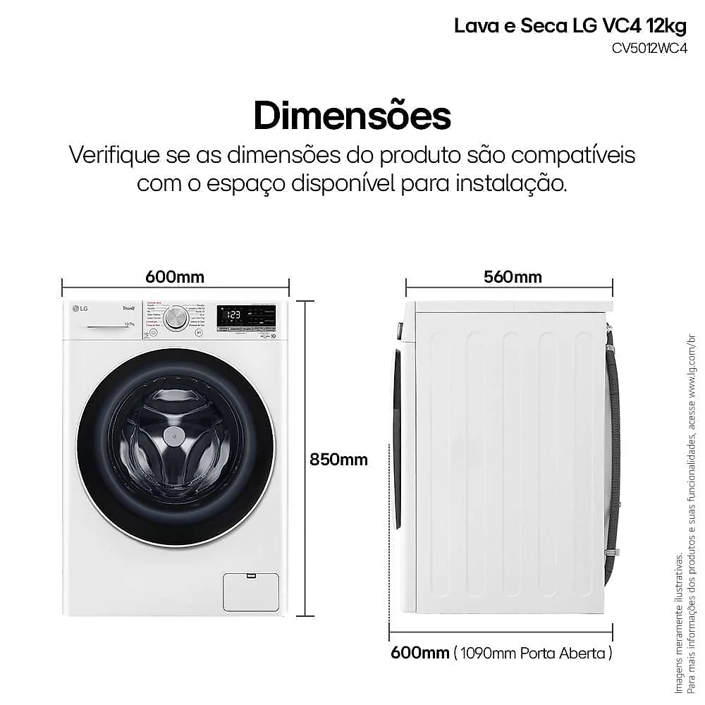 Lava e Seca LG VC4 Smart com Inteligência Artificial 12kg Branca CV5012WC4 127V