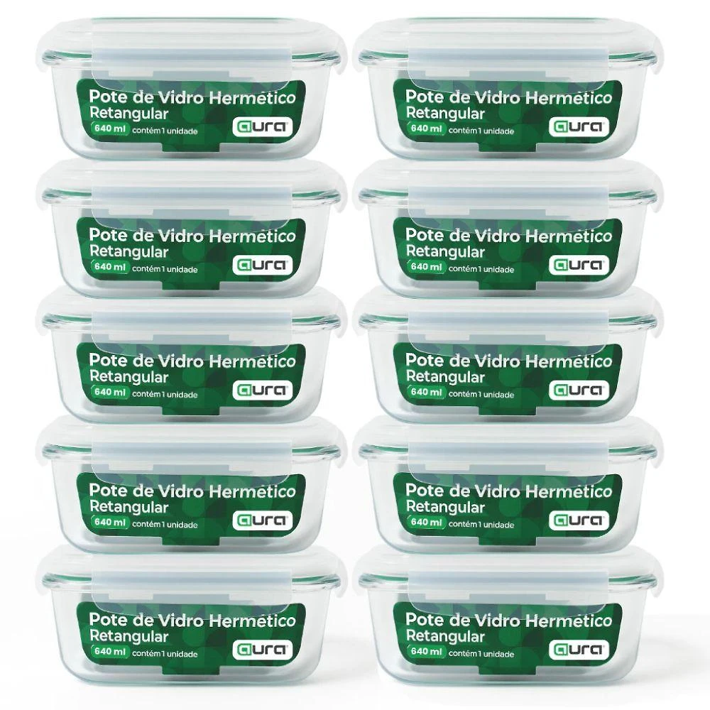 Conjunto 10 Potes Vidro Borossilicato 640ML Hermético 4 Travas Marmita