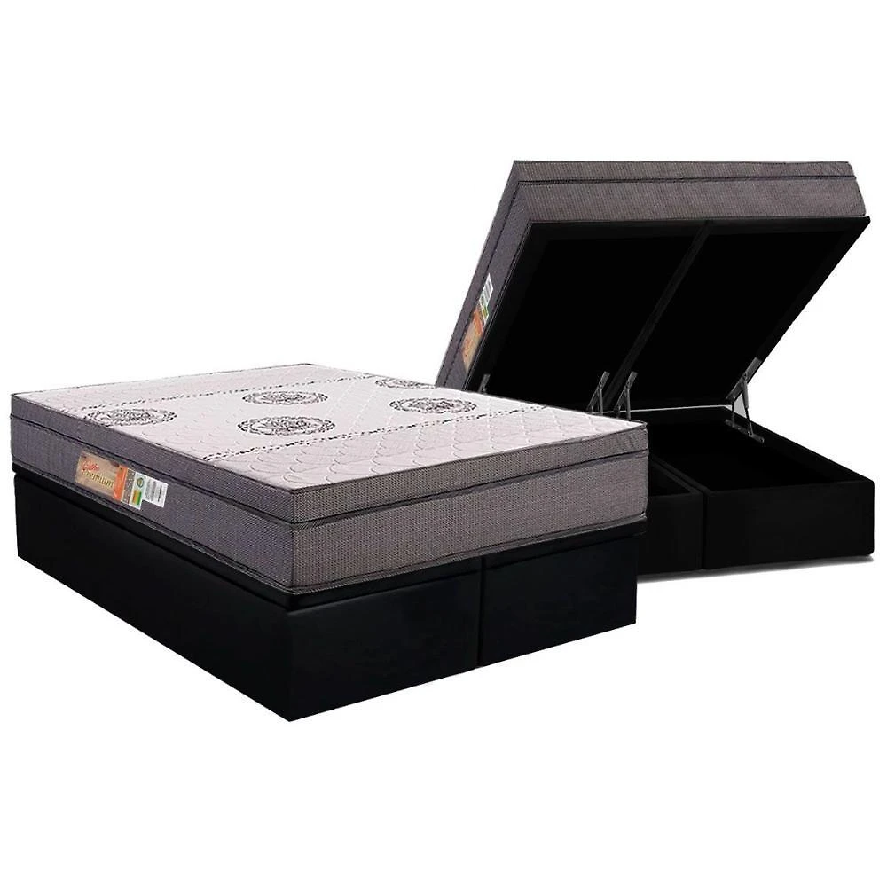 Cama Box Baú Queen: Colchão Ortopédico Polar D28 Orthopremium Grey + Base Crc Suede Black (158x198)