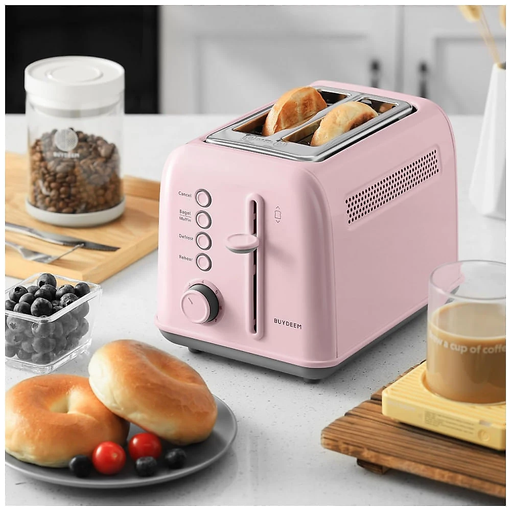 Torradeira BUYDEEM DT620 Rosa 2 Fatias com Fendas Largas, Função Bagel e Muffin, Bandeja de Migalhas Removível e 7 Níveis de Tostagem, 110V