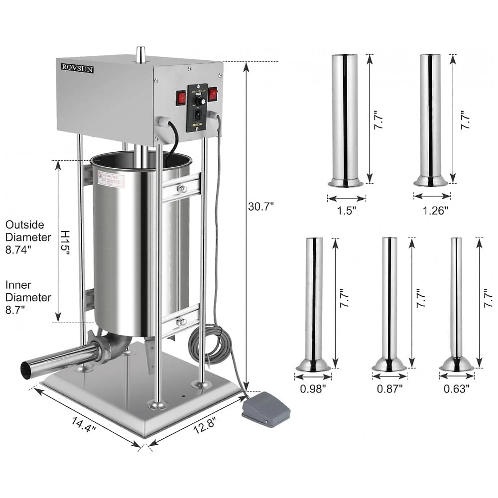 Miniatura Máquina de Encher Linguiça Elétrica ROVSUN 24,3 libras, Modeladora Vertical Ajustável de Aço Inoxidável Pesado, Enchedor de Carne com 5 Tubos