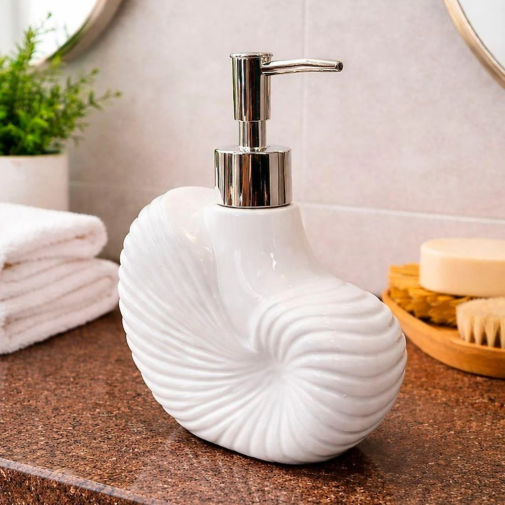 Porta Sabonete Líquido Dispenser Praia Mar 350ml Cerâmica para Lavabo Branco