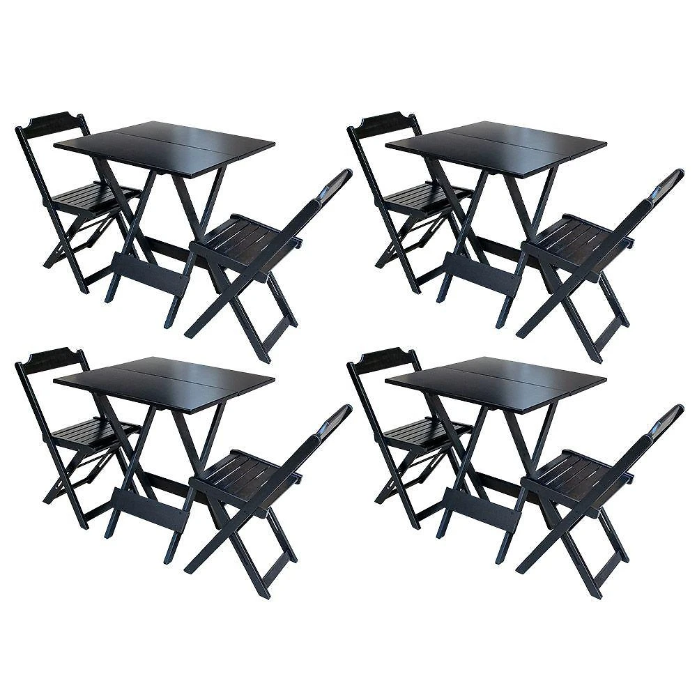Kit 4 Jogos De Mesa Dobravel Com 2 Cadeiras De Madeira 70x70 Ideal Para Bar E Restaurante - Preto