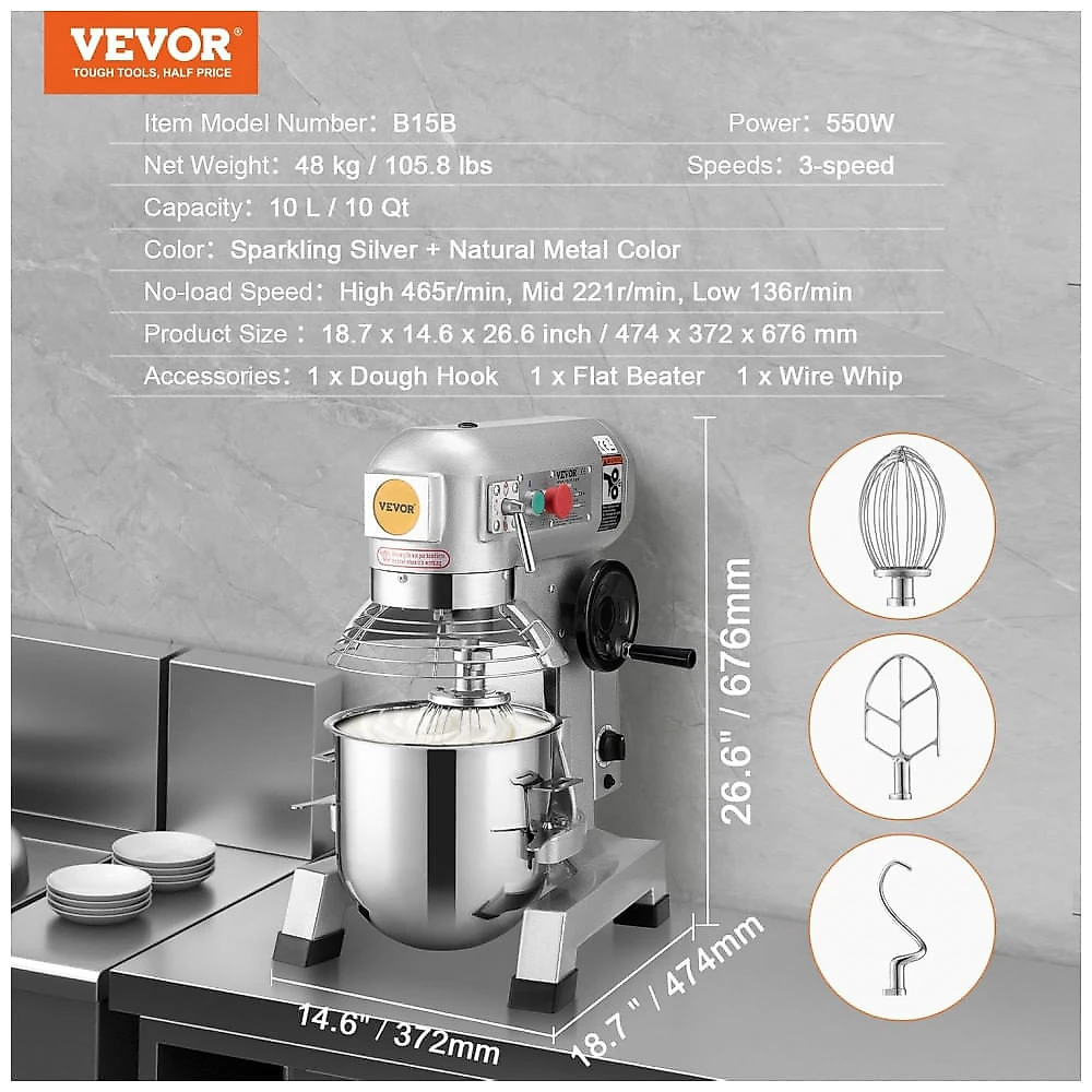 Batedeira Comercial VEVOR B15B 13,6L 3 Velocidades Timer 30min Inox 500W 110V