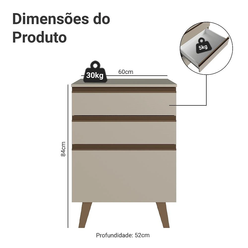 Balcão de cozinha 60 cm 3 gavetas com pés crema nice madesa