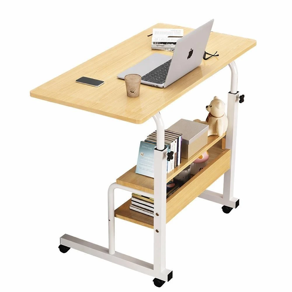 Mesa para Notebook Altura Ajustavel Home Office com Rodinhas e 2 Prateleiras Moderno Metal