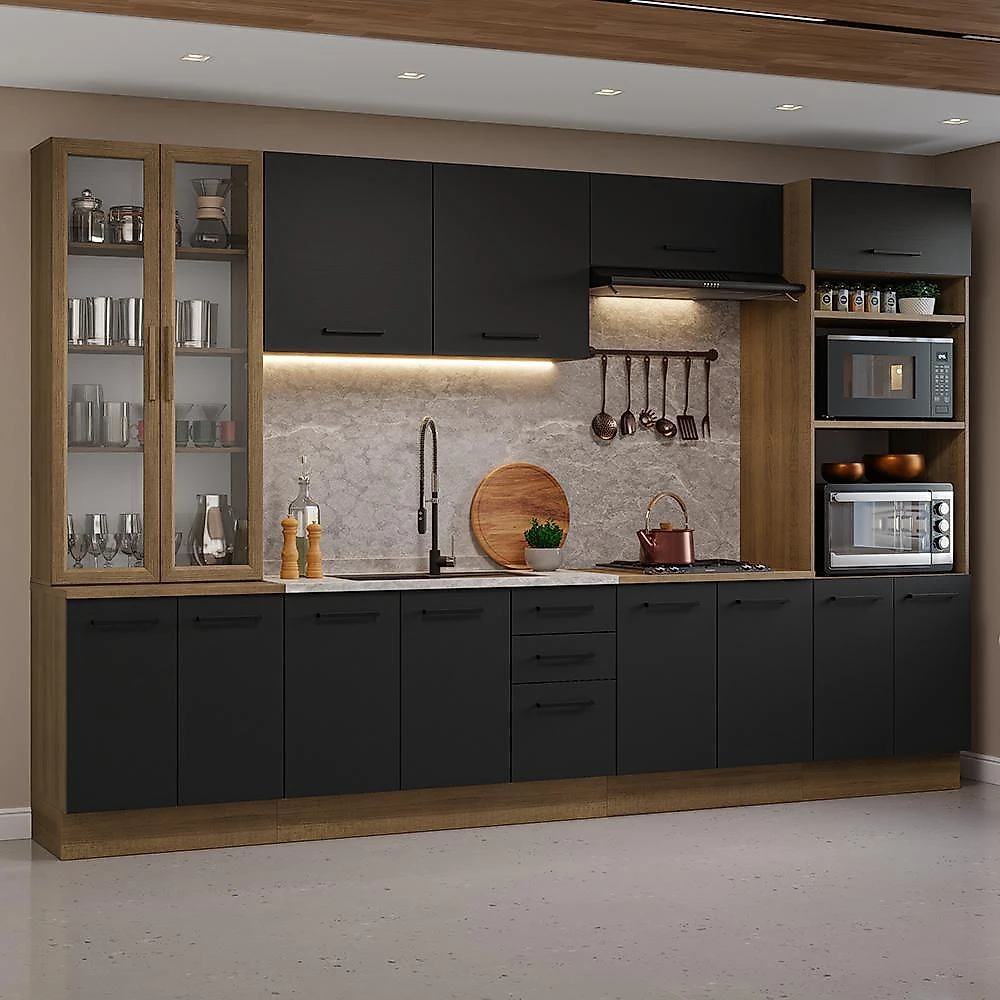 Armário de cozinha completa 340cm rustic/preto agata madesa 01
