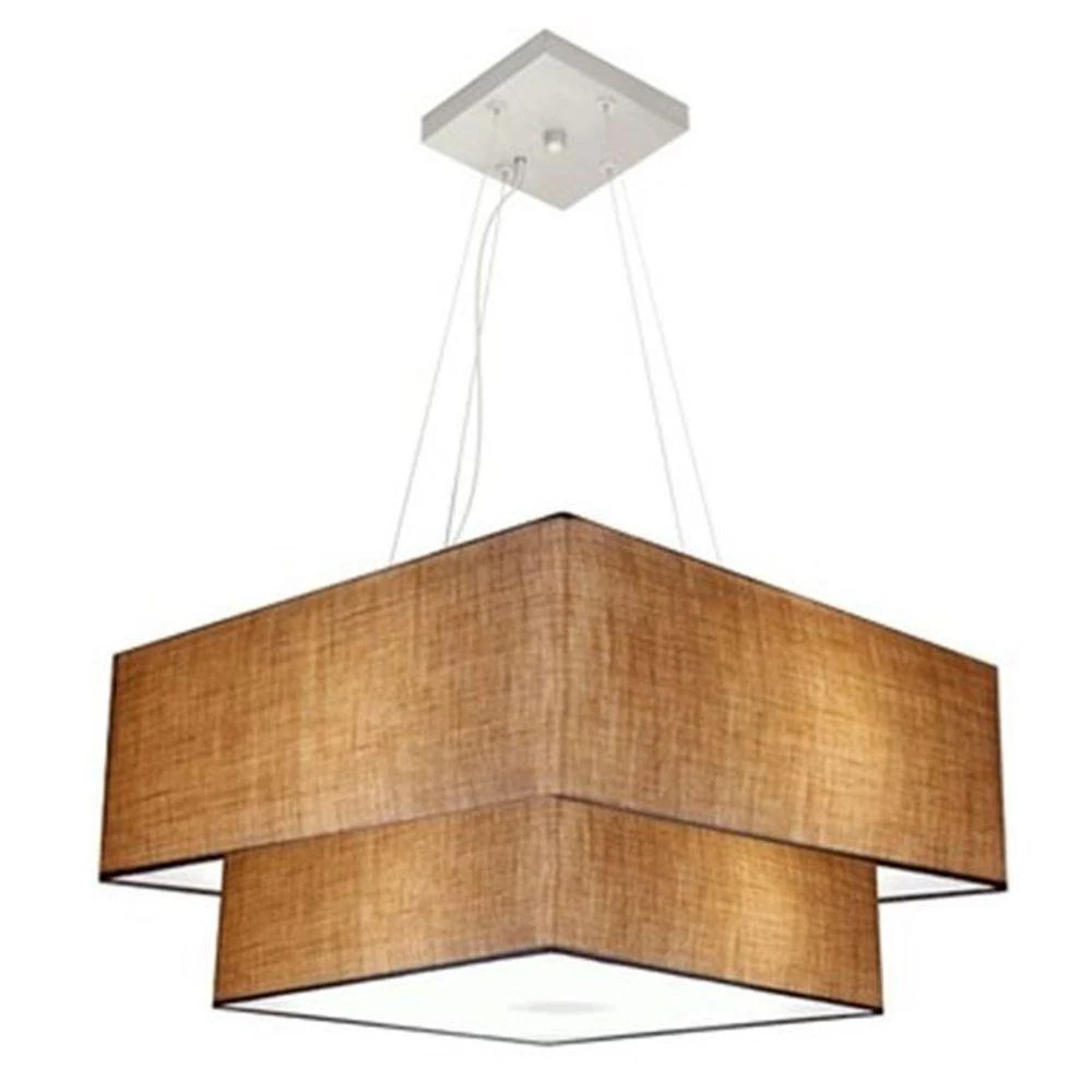 Lustre Pendente Duplo Quadrado Vivare Md-4345 Cúpula Em Tecido 60x50cm - Bivolt Palha 110v/220v