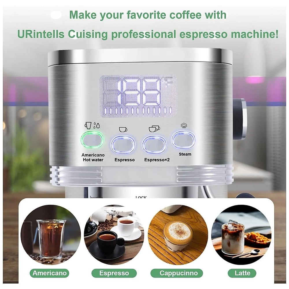 Máquina de Café Expresso 20 Bar com Display LED, Vaporizador de Leite e Filtro de Cápsula ESE, 110V 1350W, URintells, Prata 110v