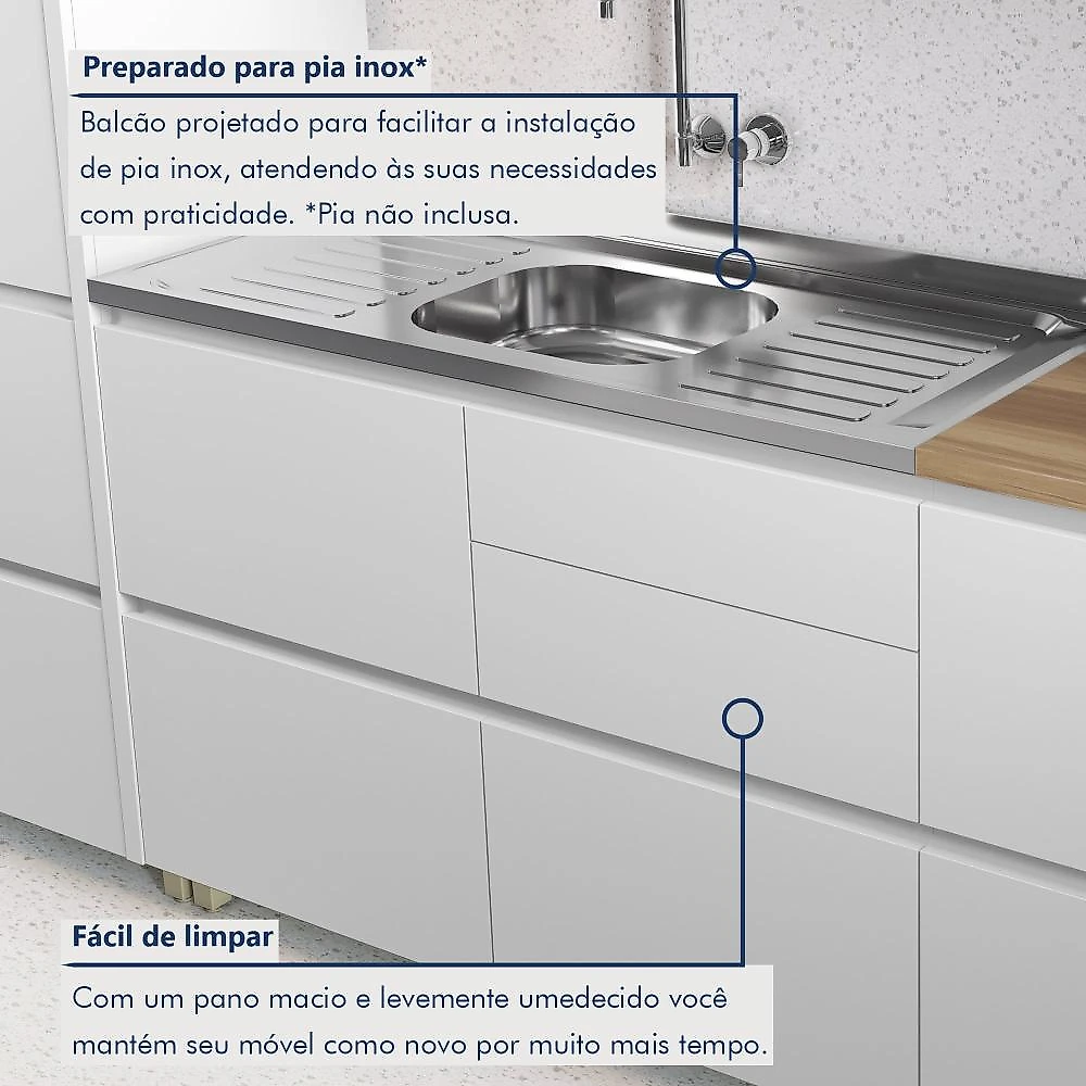Balcão 1 Porta Basculante 4 Gavetas 120Cm  100% Mdf Rainha Branco/Nature