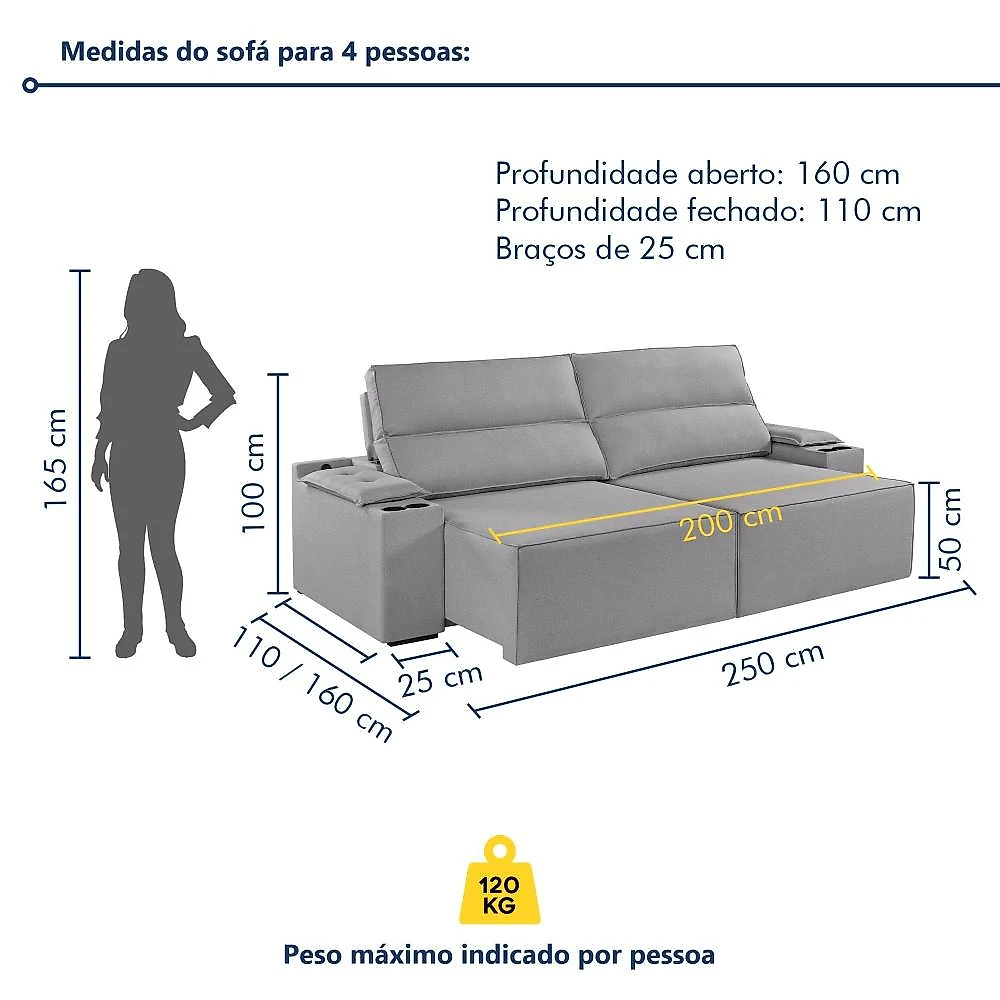 Sofá Retrátil e Reclinável 4 Lugares com Entrada USB e Porta Copos 250cm Irlanda Yescasa Sofá Retrátil e Reclinável 4 Lugares 250cm M180 Yescasa Linho/Cinza Claro