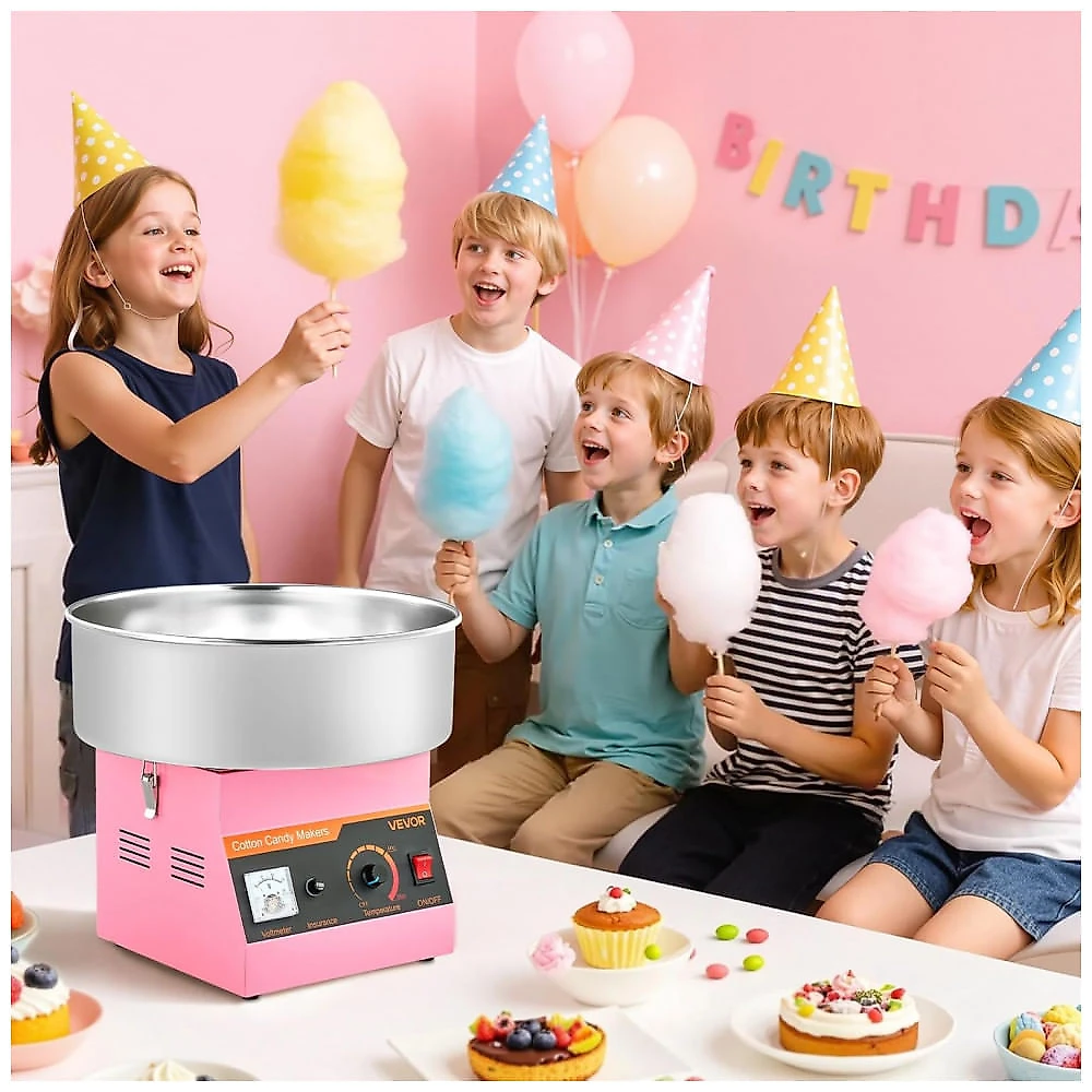 Máquina de Algodão Doce VEVOR 1000W Inox 38 cm Proteção Antiaquecimento Rosa 110V