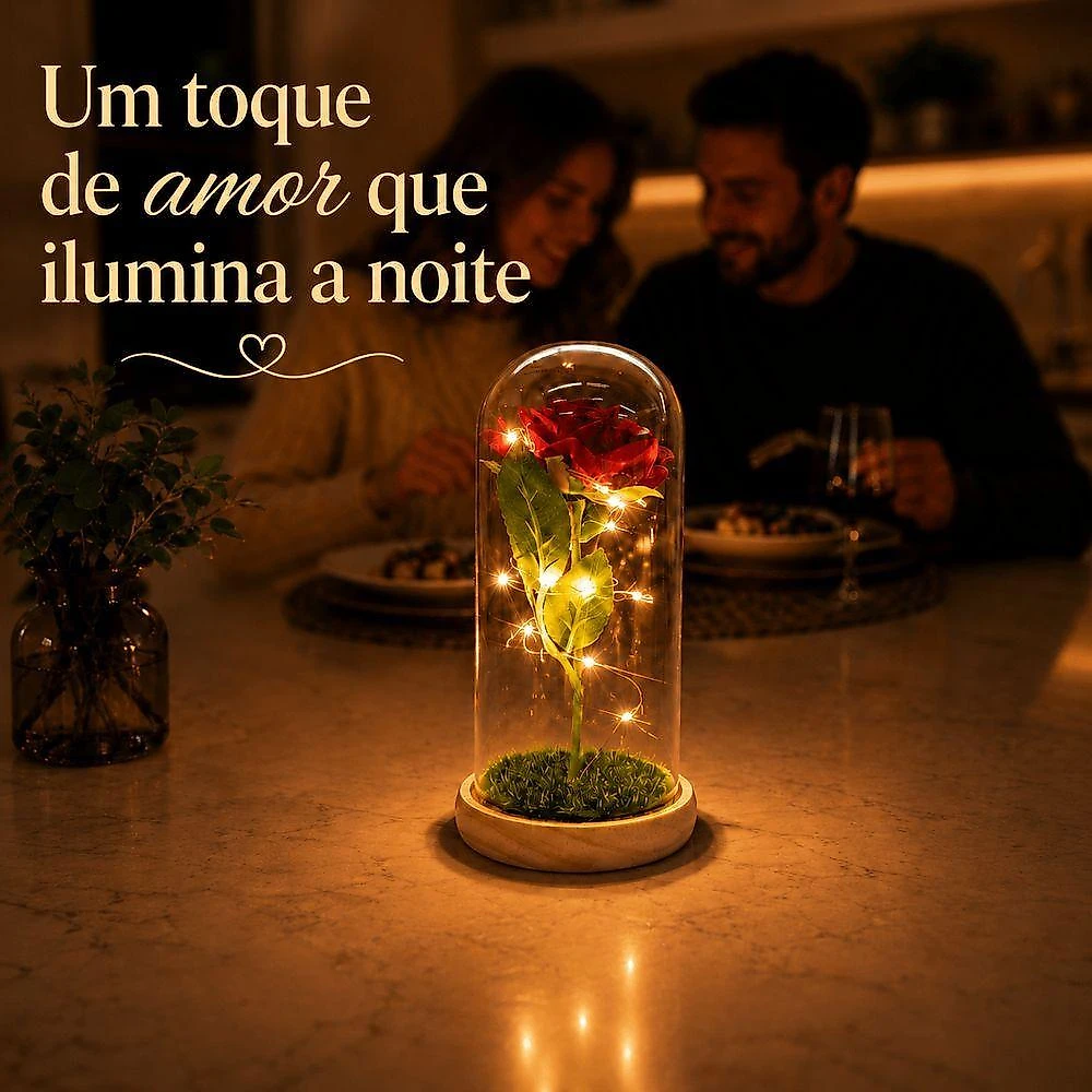 Decoração Rosa Encantada com LED Cúpula Transparente Vermelho Negócio de Gênio