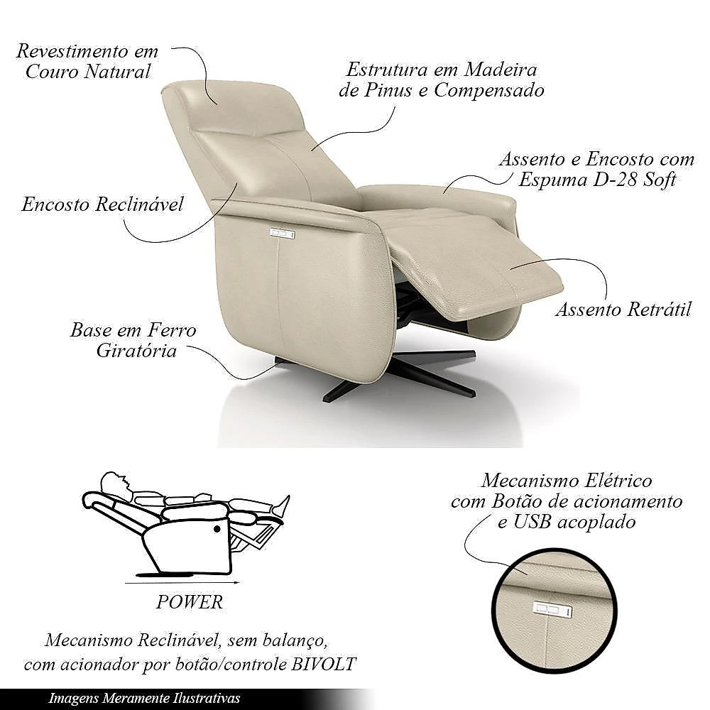 Poltrona Reclinável Elétrica Anakin G76 Couro com Base Giratória Usb Off White Gran Belo