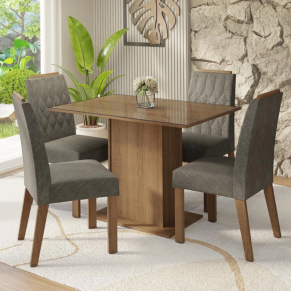 Conjunto sala de jantar tampo de vidro 4 cadeiras rustic/silver pitanga madesa