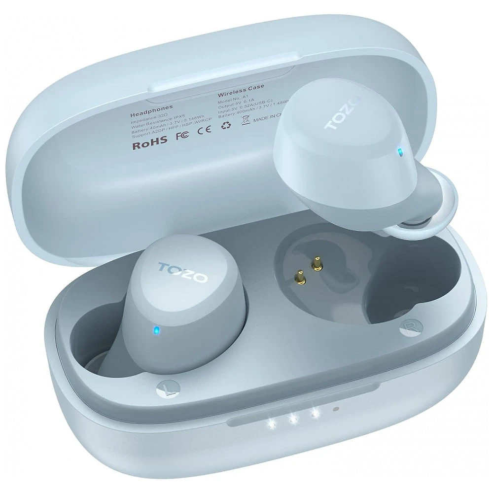 Mini Fones de Ouvido Bluetooth com Estojo de Carregamento e Resistência a Agua IPX5, TOZO A1, Azul