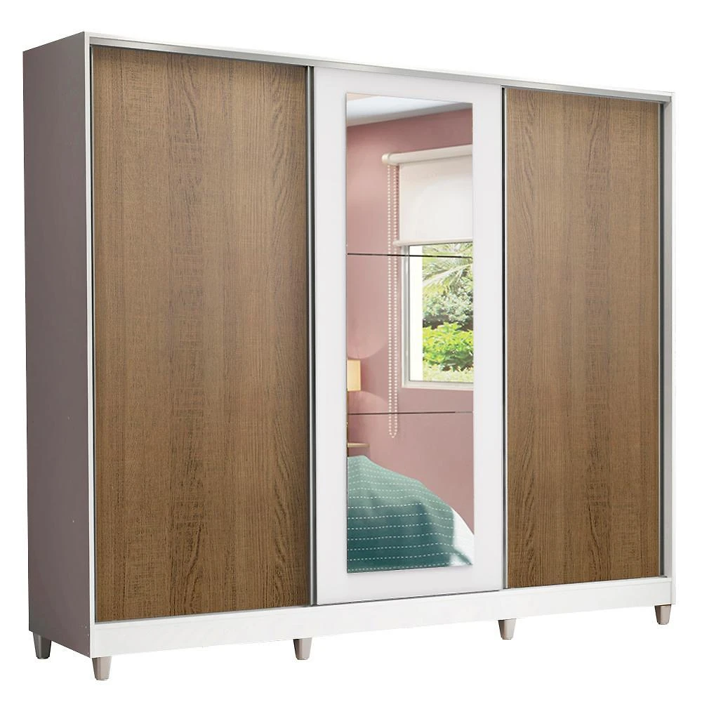 Guarda roupa casal 100% mdf madesa eros 3 portas de correr com espelho com pés - branco/rustic
