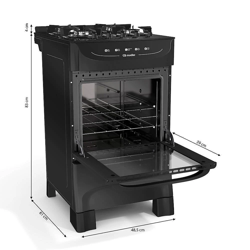 Fogão Mueller Preto Fosco 4 Bocas Com Mesa De Vidro e Acendimento Mfv4bb