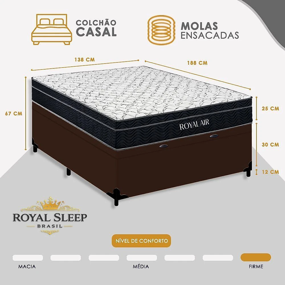 Cama Box Baú Casal Royal Air Pillow Top Molas Ensacadas Sintético Marrom Royal