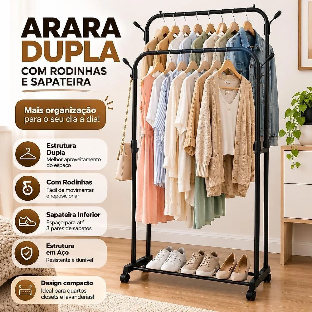 Guarda Roupa Arara Dupla com Rodinhas e Sapateira 70CM Aco Organizador Yeet