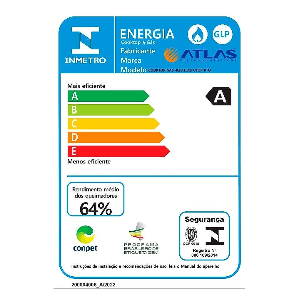 Cooktop 4 Bocas Atlas U Top Acendimento Superautomático, Preto Bivolt