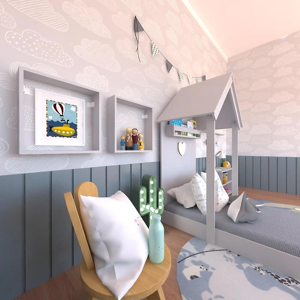 Conjunto Infantil Cama Banqueta 2 Nicho e Prateleira Bramov Móveis Cinza Cristal