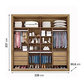 Guarda-Roupa Casal Mademarques Sevilha Flex com 228 cm Largura, 2 Portas, 6 Gavetas, 10 Prateleiras e Espelho Amêndoa/Off White