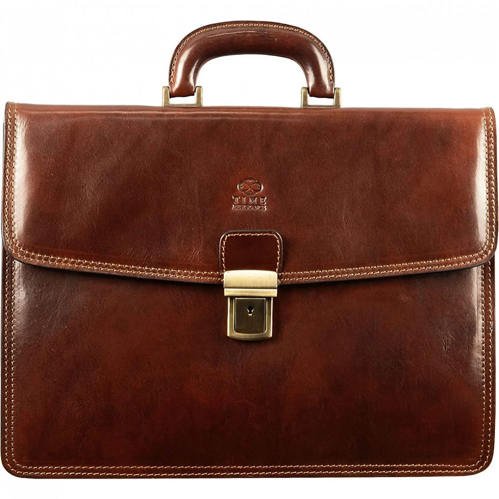 Bolsa Maleta Time Resistance de Couro Masculina para Laptop , Marrom Claro
