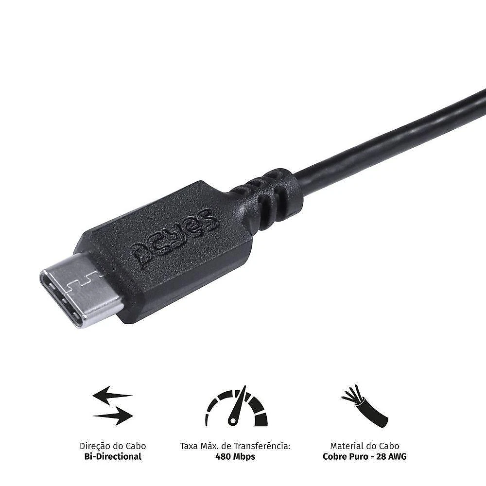 Cabo USB para USB Tipo C Pcyes Compatível com Smartphone para Carregamento 50CM Preto 1 Unidade