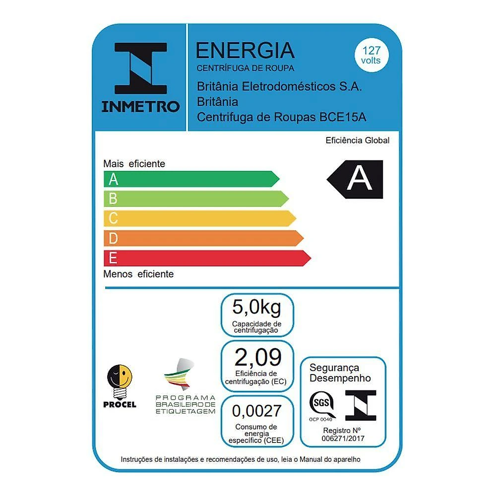 Centrifuga De Roupas 15kg Britânia Timer Programável Bce15a 127v